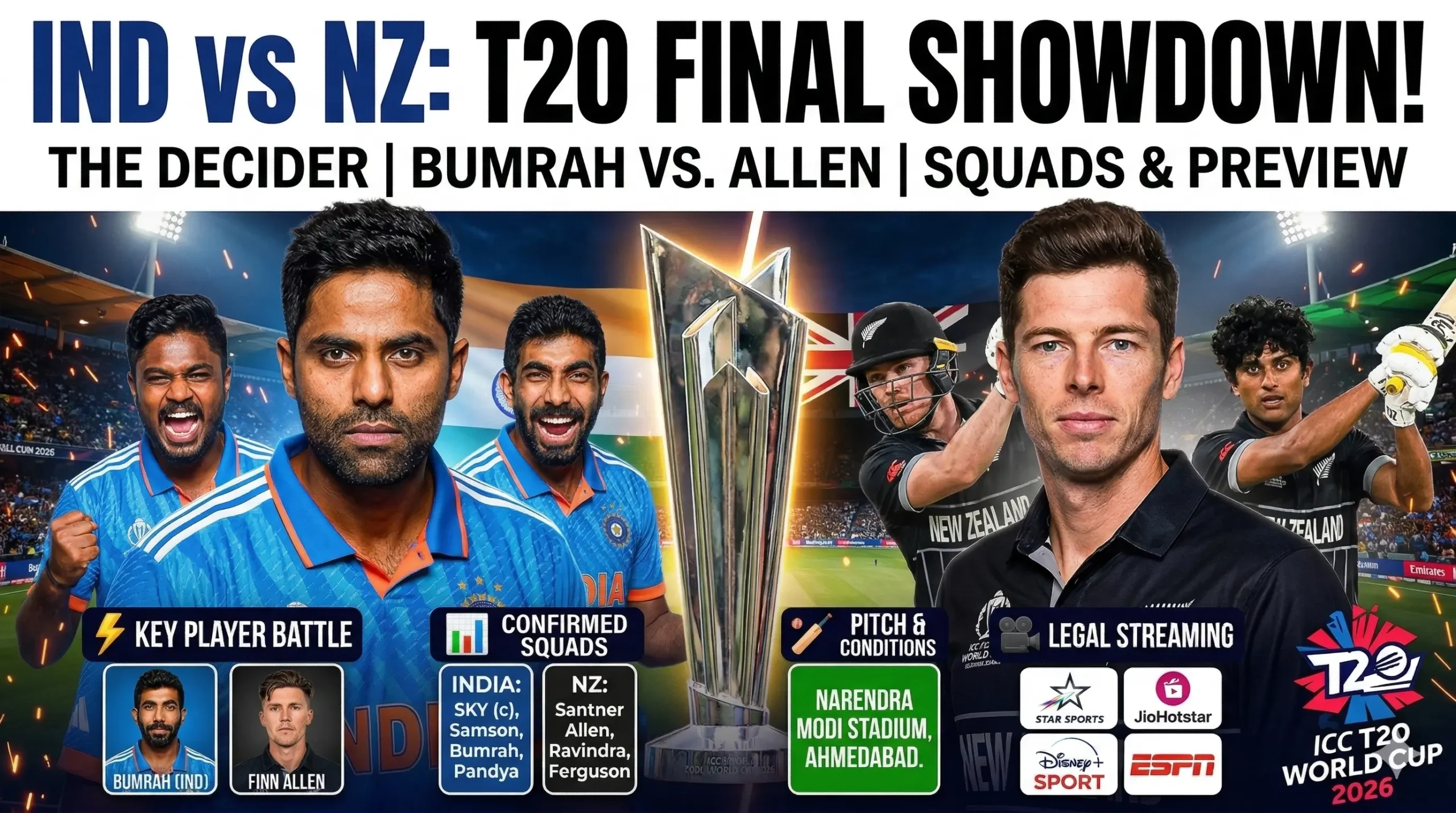 IND vs NZ T20 World Cup 2026 Final: Match Preview, Squads, Key Players, and Legal Streaming Options